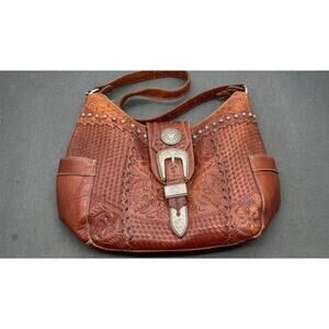 AMERICAN WEST TOOLED LEATHER STUD WESTERN BUCKLE SHOULDER BAG